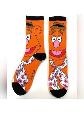 4/$25 Disney Fozzie Bear Orange and Black Graphic Novelty Crew Socks New